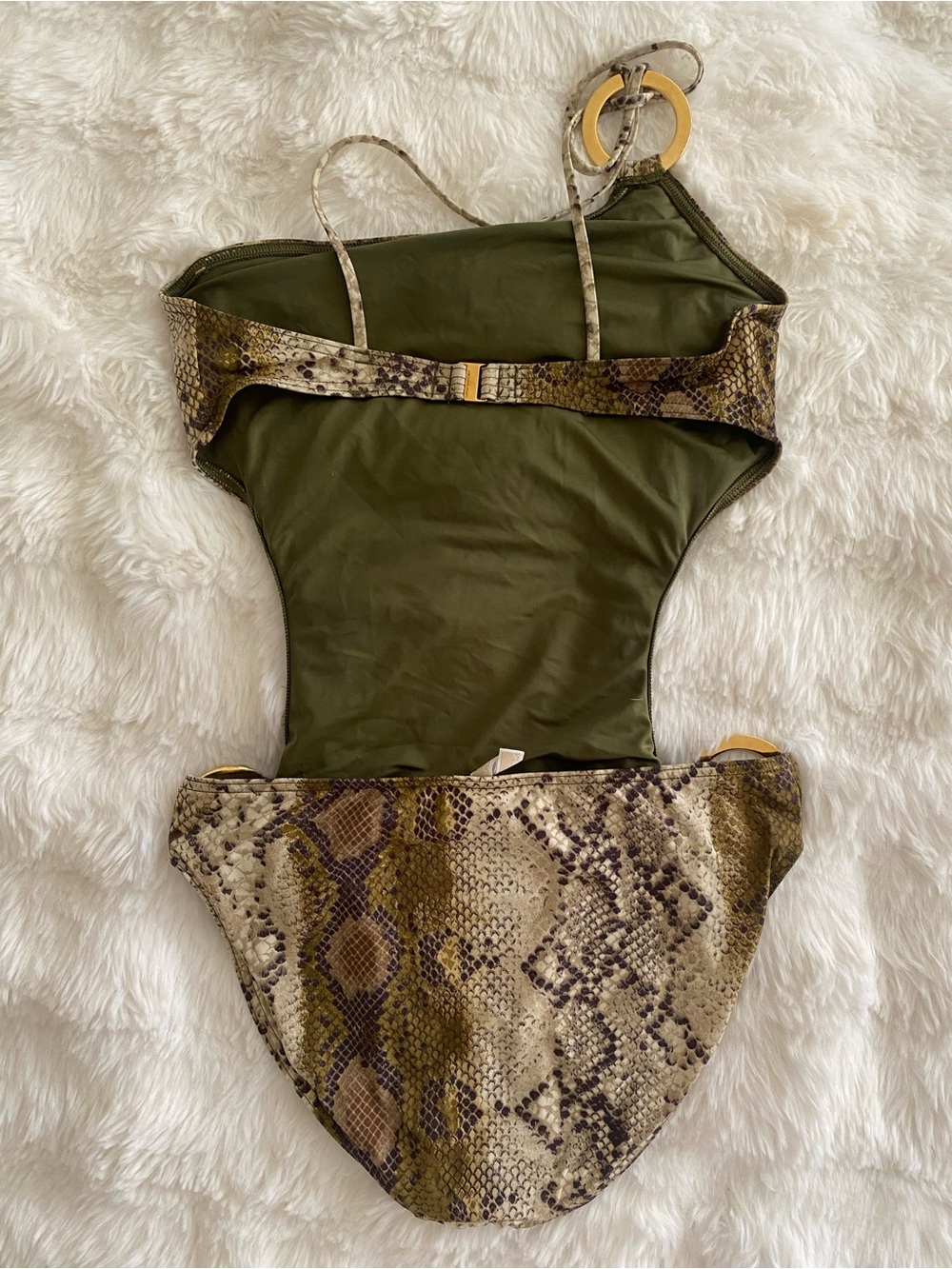 Olive Snake-Print Cutout One-Piece Swimsuit with Gold Rings and - Picture 3 of 5